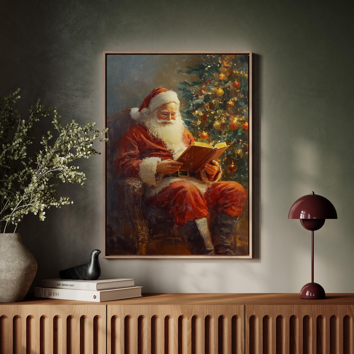 Vintage Santa Claus Reading Book By Christmas Tree Art Poster - Image 4