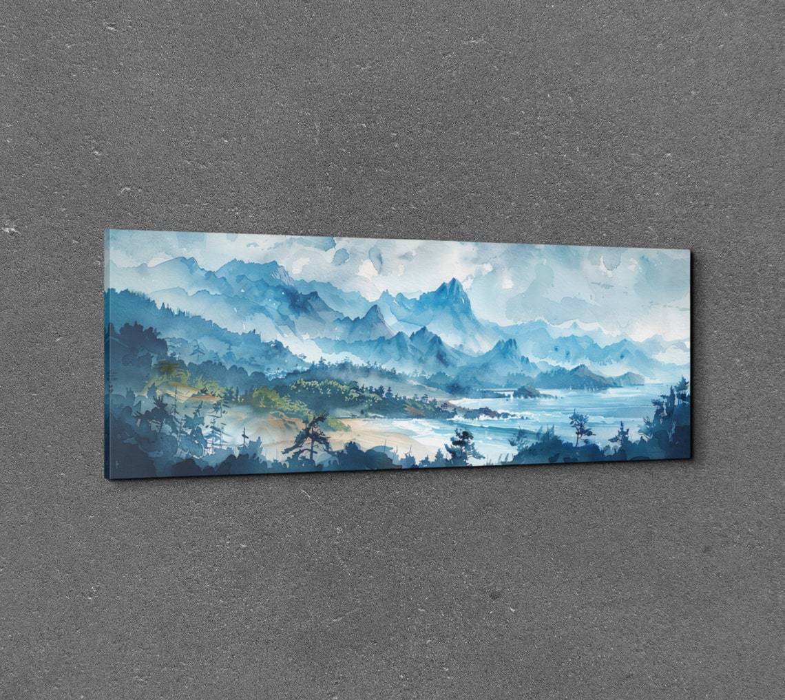 Blue Watercolor Coastal Mountains Seascape Panorama Art Poster - Image 3