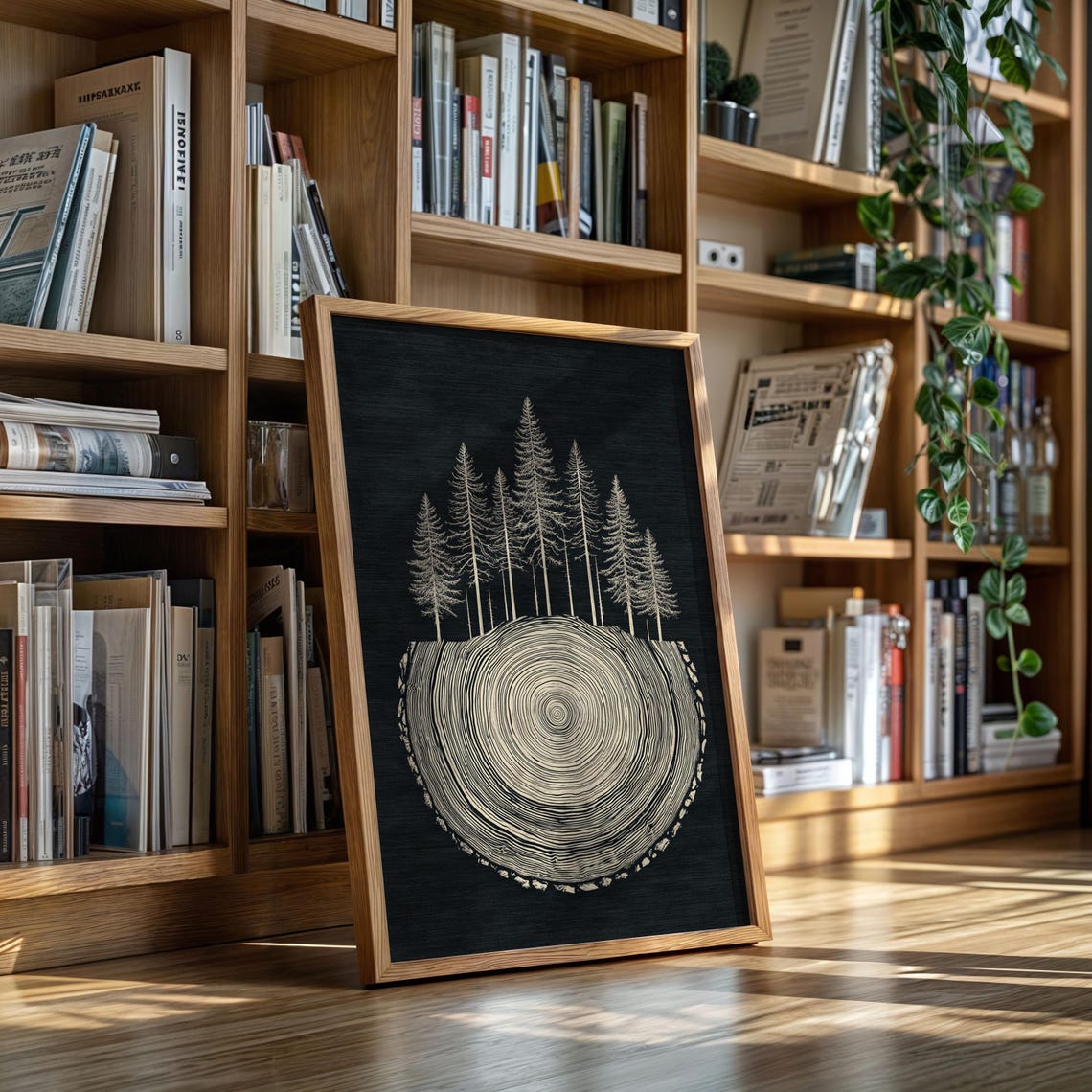 Pine Trees Tree Rings Minimalist Black Line Art Poster Decor