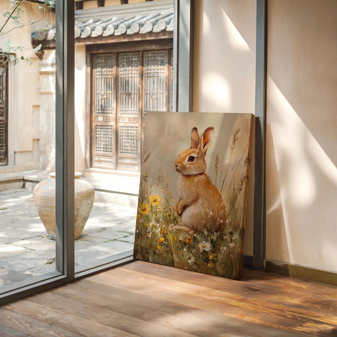 Orange Rabbit Sitting in Wildflower Meadow Cute Bunny Art Print - Image 4