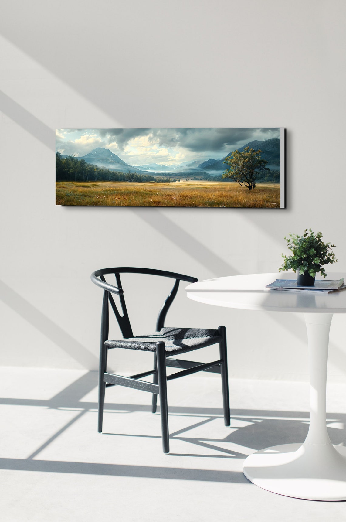 Cloudy Mountain Valley Golden Meadow Lone Tree Landscape Wall Poster - Image 3