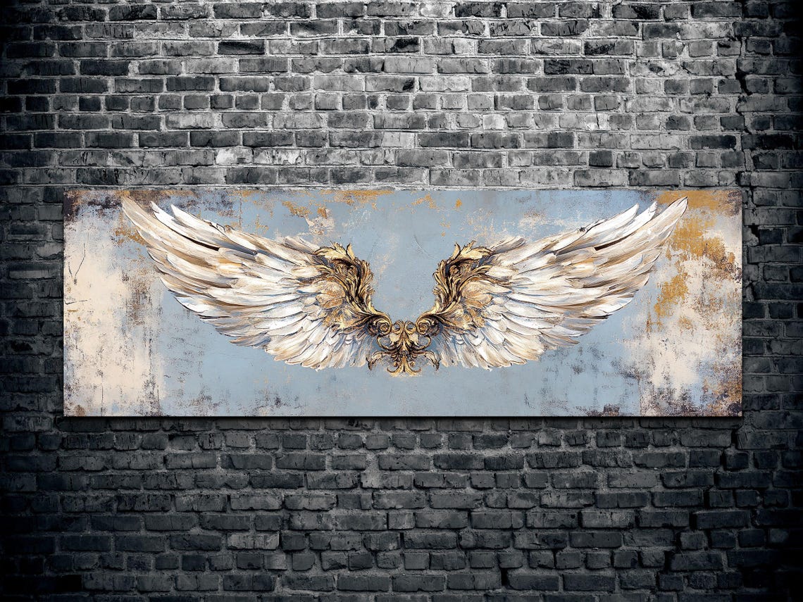 Spread Angel Wings Distressed Blue Panoramic Spiritual Art Poster - Image 2