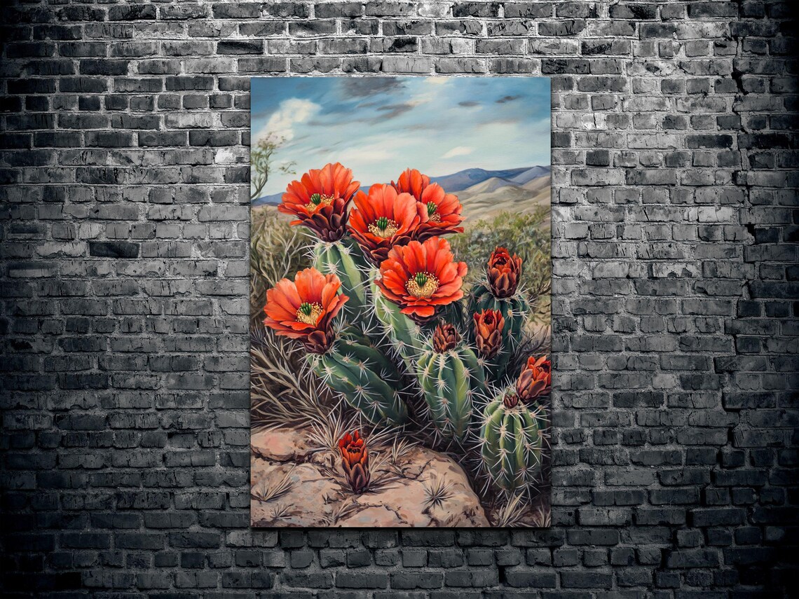 Blooming Hedgehog Cactus Red Orange Flowers Desert Mountain Art Poster - Image 2