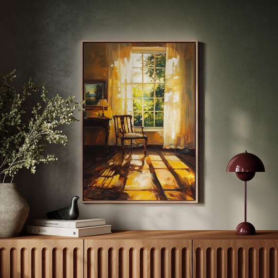 Sunlit Interior With Golden Window Light Cozy Chair By Window Warm Home Scene Poster