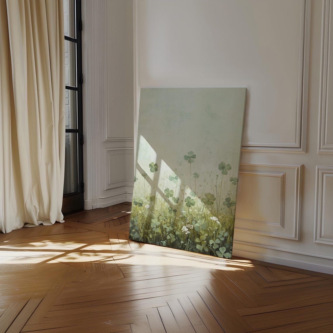 Minimalist Clover Meadow Under Pale Sky Soft Green Nature Wall Art - Image 3