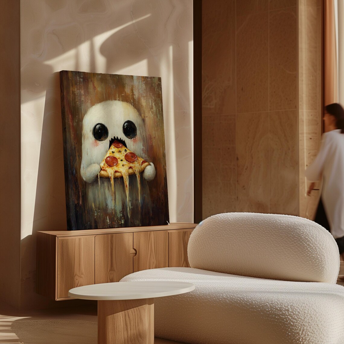 Cute Ghost Eating Pepperoni Pizza Funny Halloween Art Poster - Image 7