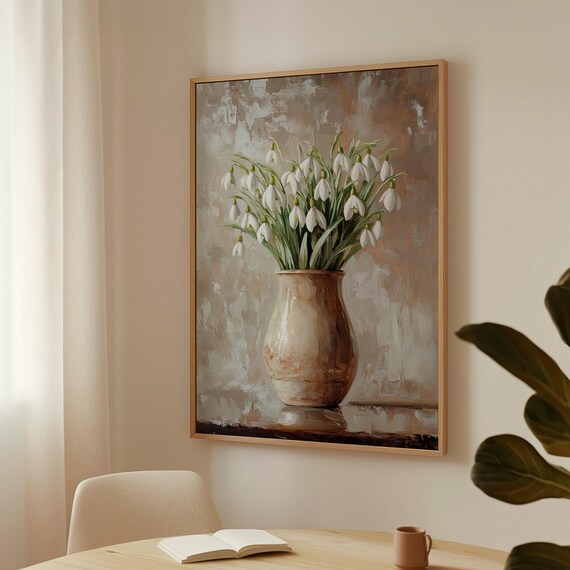 White Snowdrop Flowers in Rustic Ceramic Vase Still Life Poster