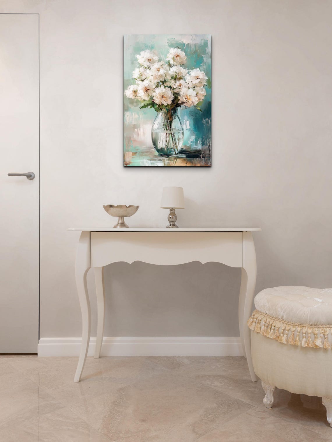 White Peonies Glass Vase Teal Abstract Floral Bouquet Art Poster - Image 3