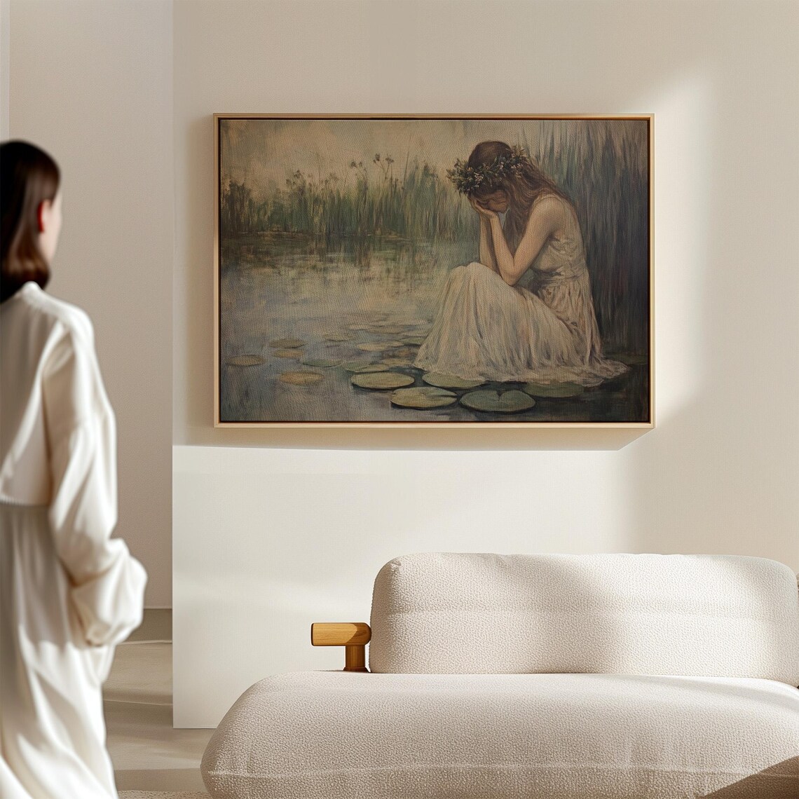 Weeping Woman in White Dress with Flower Crown on Lily Pads Poster - Image 7