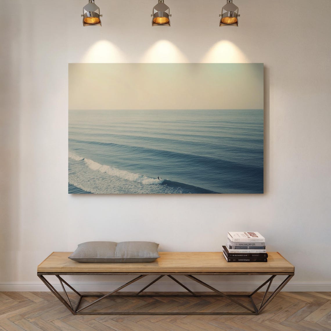 Surfer Ocean Minimalist Wave Art Tranquil Seascape Print Coastal Wall Decor Blue Beach Painting Serene Surfing Scene - Image 4