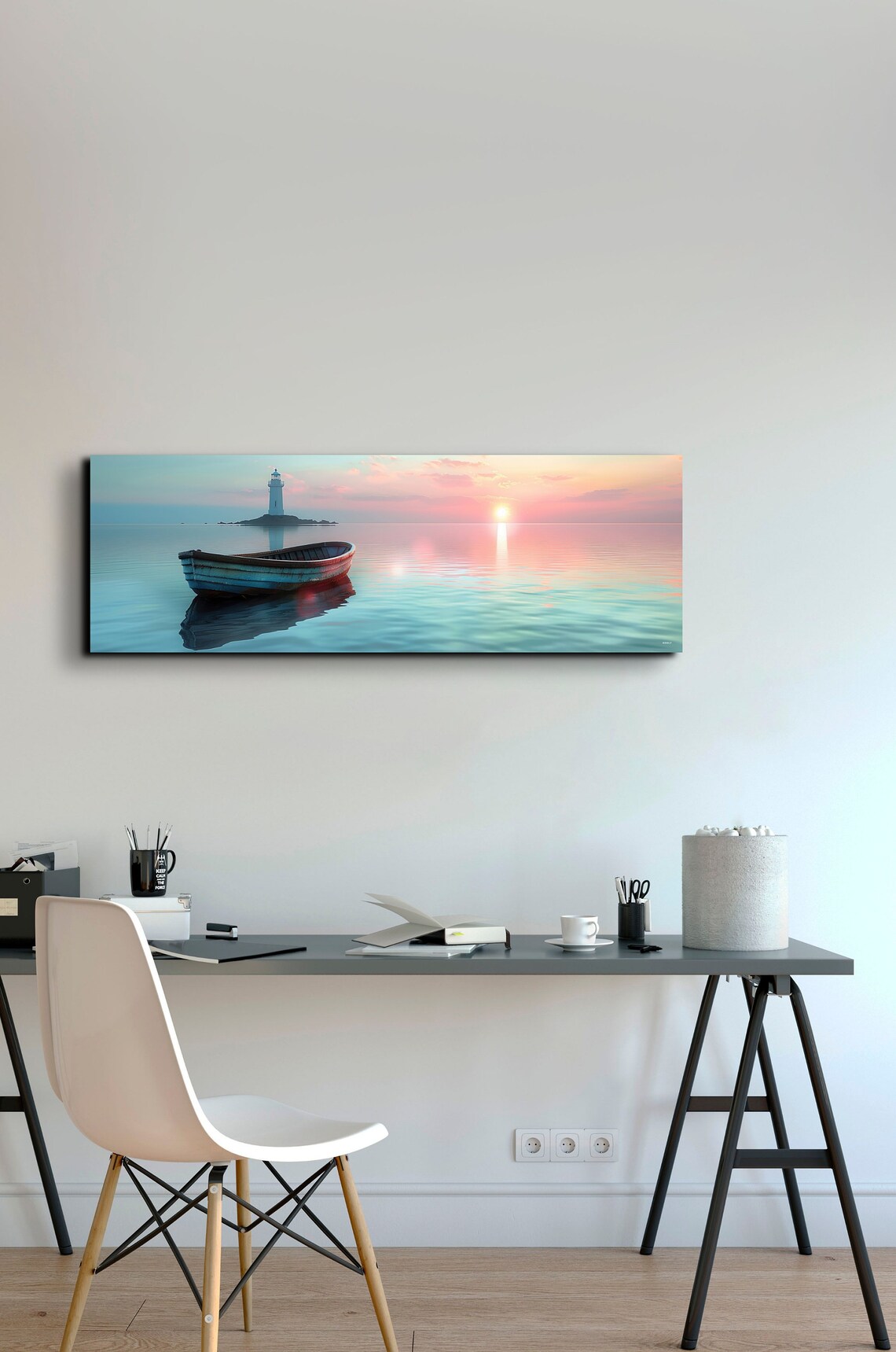 Wooden Rowboat on Calm Water With a Distant Lighthouse Panoramic Poster - Image 4