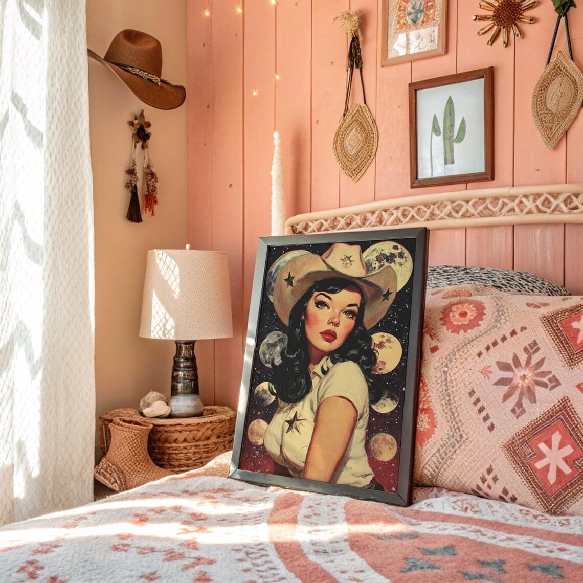 Vintage Cowgirl Portrait Star Moon Retro Western Pinup Art Poster