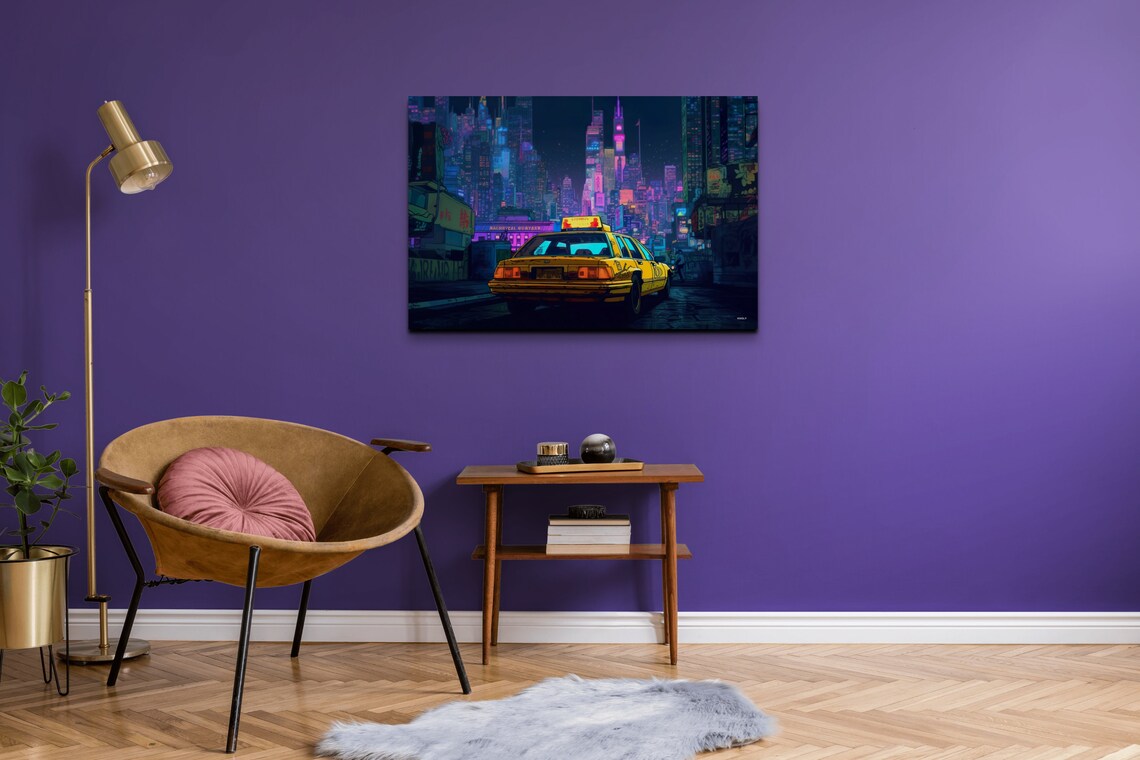 Yellow Taxi Neon City Night Street Cyberpunk Urban Art Poster - Image 6