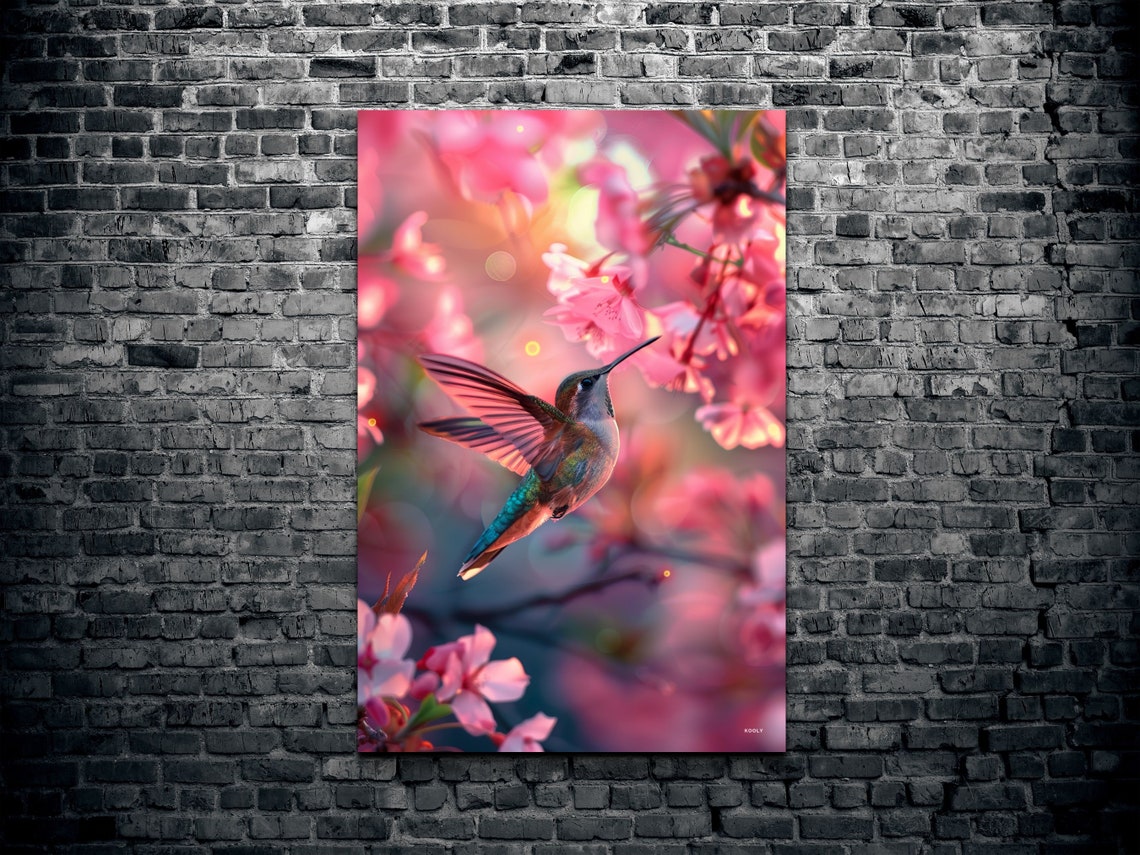Colorful Hummingbird Hovering Among Pink Cherry Blossoms Poster - Image 2
