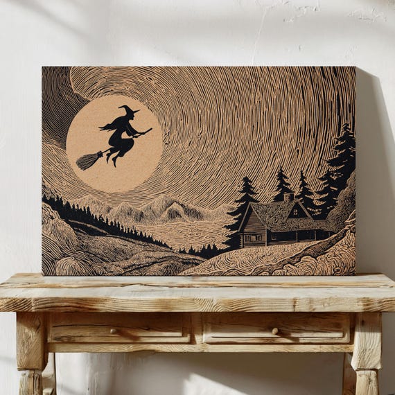 Witch Flying Over Cottage Art Print Vintage Halloween Woodcut Style Illustration Gothic Moonlit Forest Wall Decor Rustic Folk Artwork