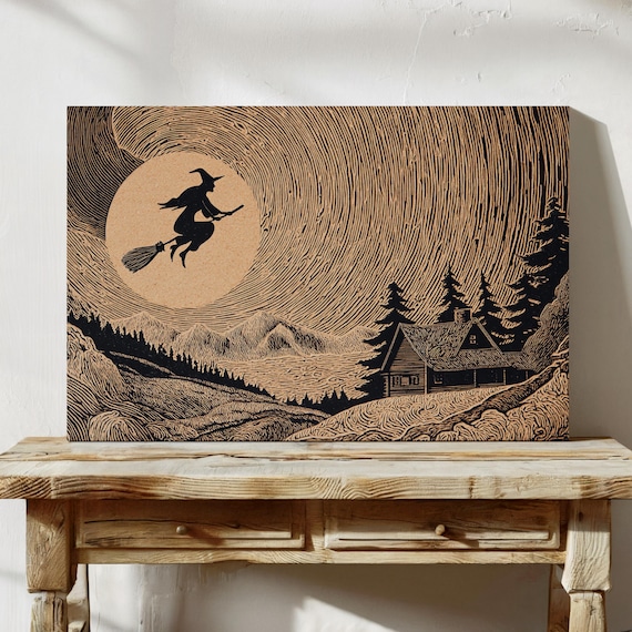 Witch Flying Over Mountain Cabin Vintage Woodcut Style Poster