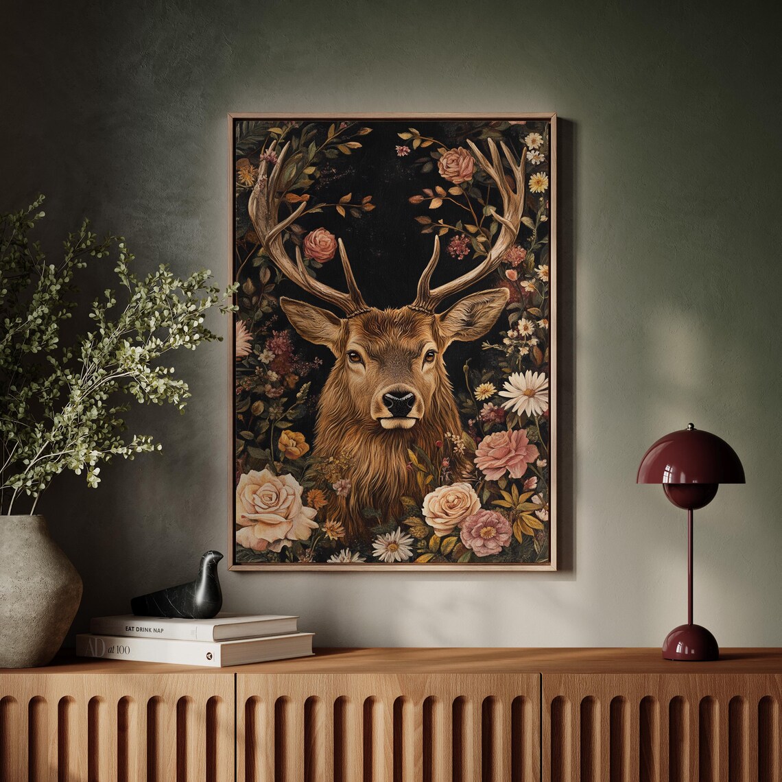 Noble Red Deer Stag Among Peonies Dark Vintage Botanical Poster - Image 7