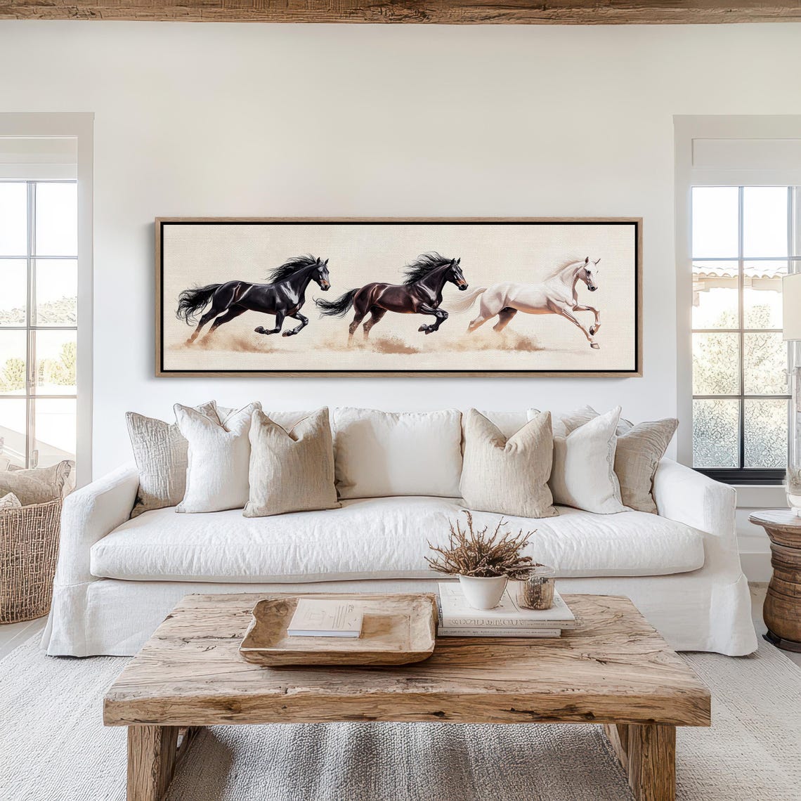 Three Galloping Horses Black Bay And White Classic Panoramic Art Print - Image 4