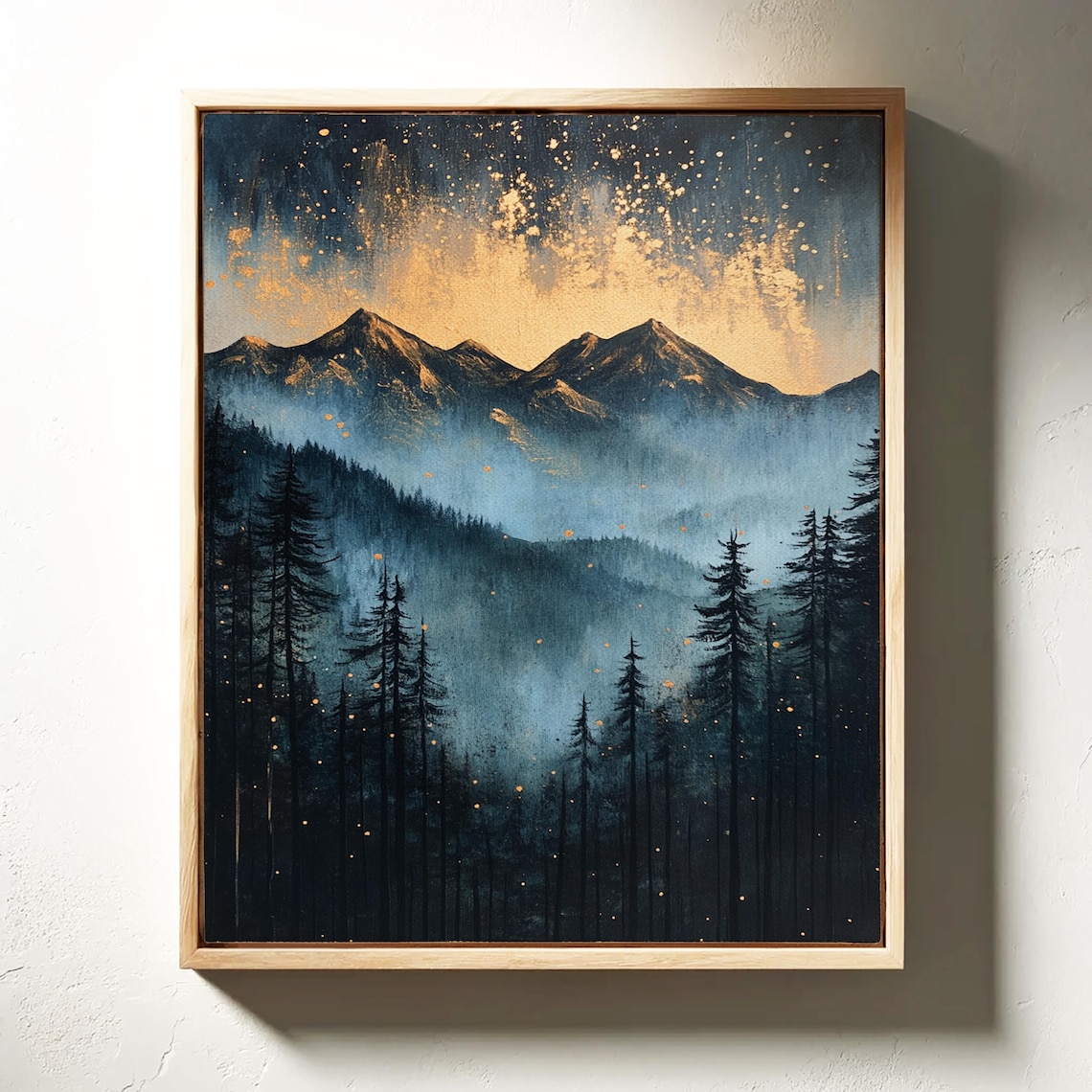 Golden Mountain Glow Misty Forest Landscape, Starry Sky - Image 3