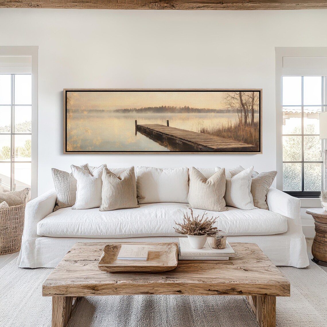 Rustic Wooden Dock Misty Lake Sunrise Golden Reflection Art Poster