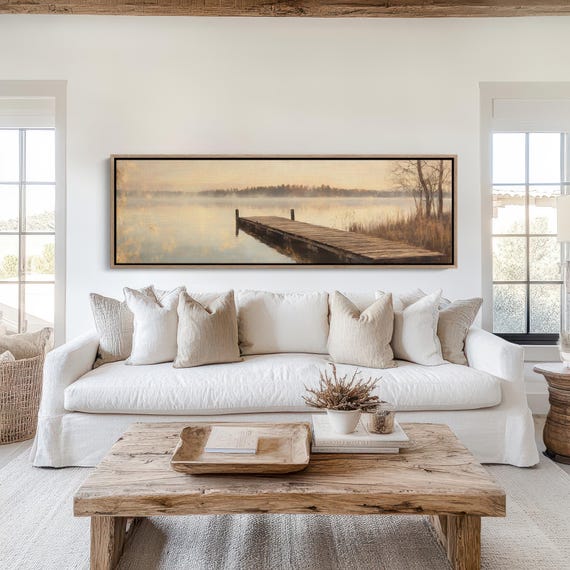 Rustic Dock Art Misty Lake Sunrise Wall Print Tranquil Nature Landscape Warm Golden Reflection Serene Water Scene Decor