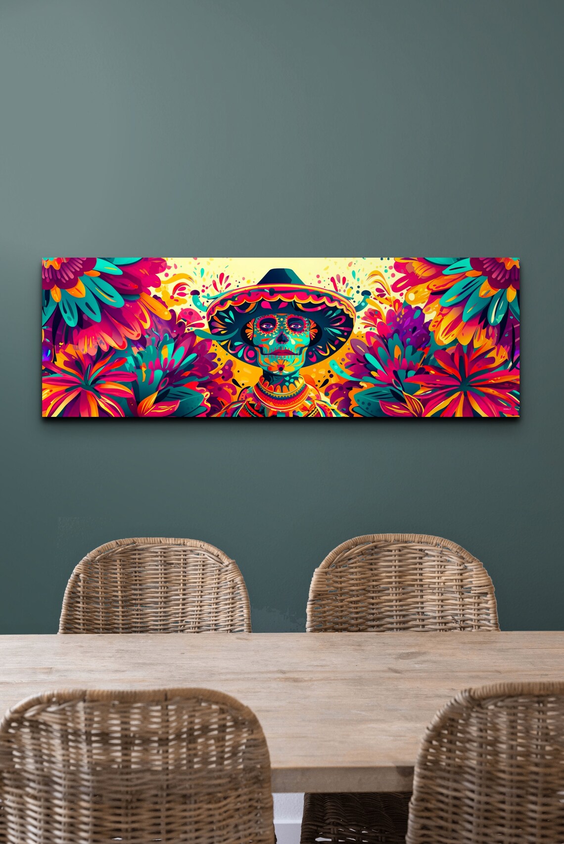 Sugar Skull Wearing a Sombrero in Bright Mexican Floral Art Poster - Image 5