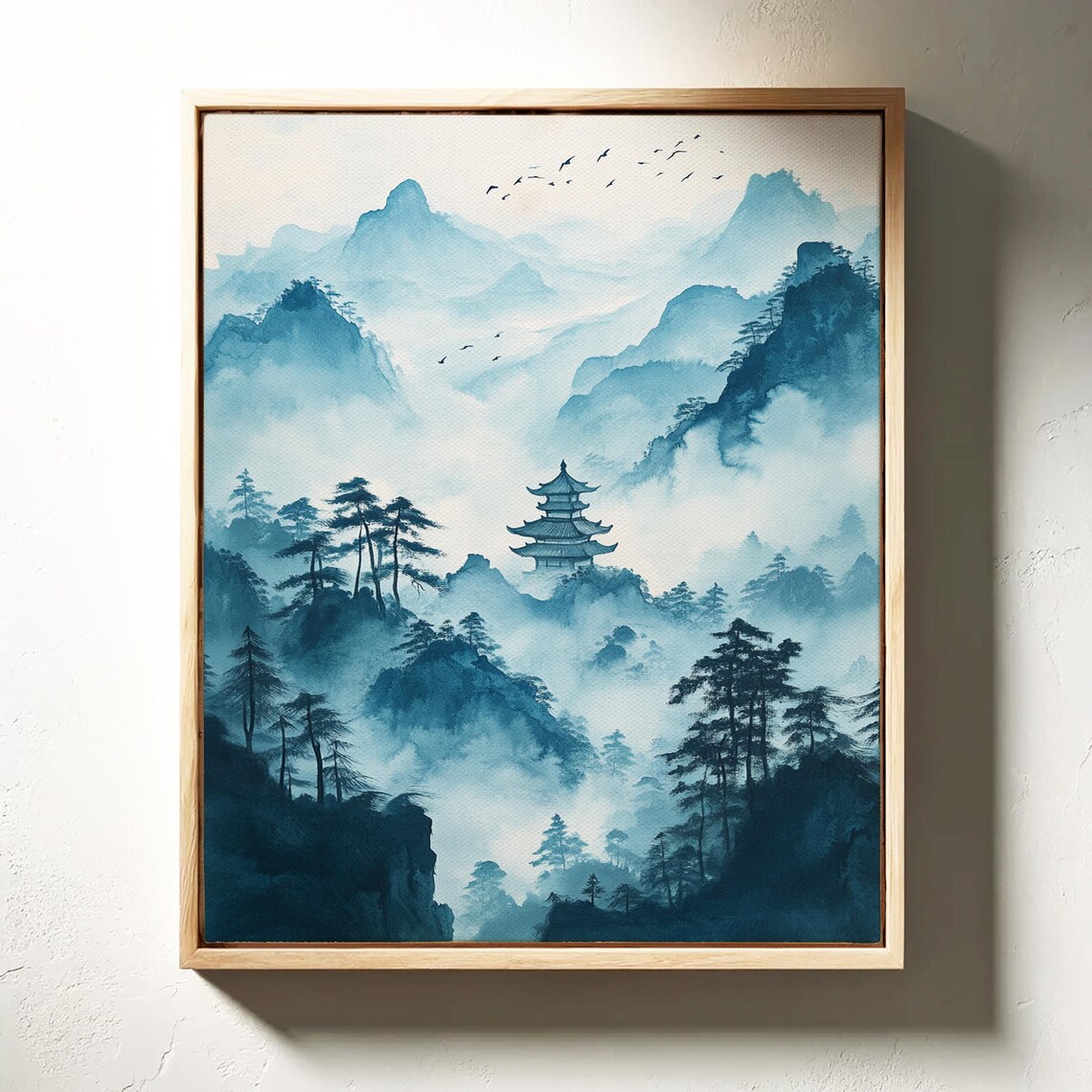 Blue Ink Mountain Pagoda Misty Pines Serene Asian Zen Poster - Image 3