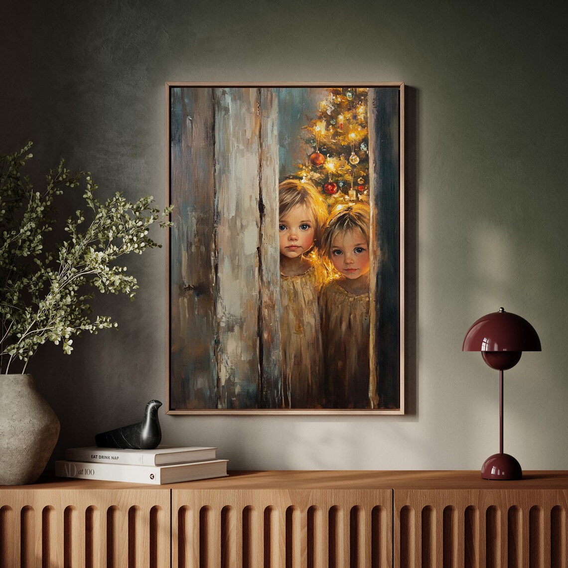Children Peeking from Behind a Door Beside the Christmas Tree Poster