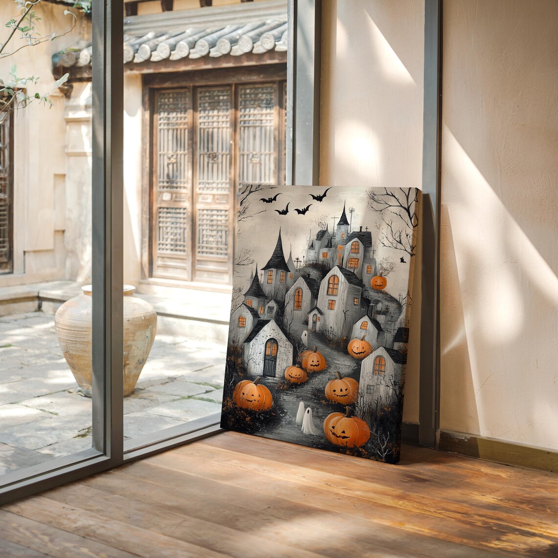 Spooky Haunted Village Pumpkins Ghosts and Bats Halloween Wall Art Print - Image 4