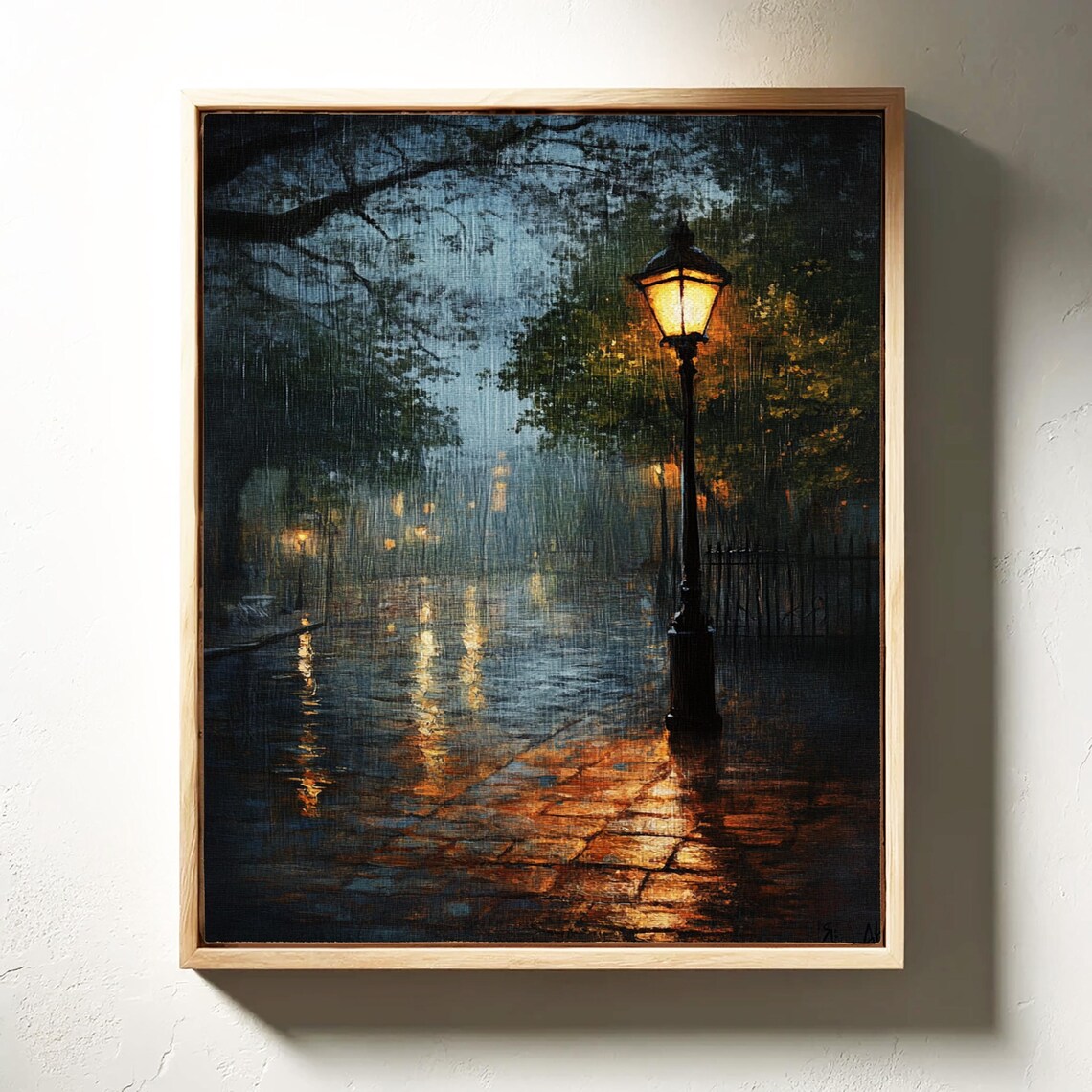 Rainy Night Street Scene Vintage Oil Painting, Cityscape - Image 3