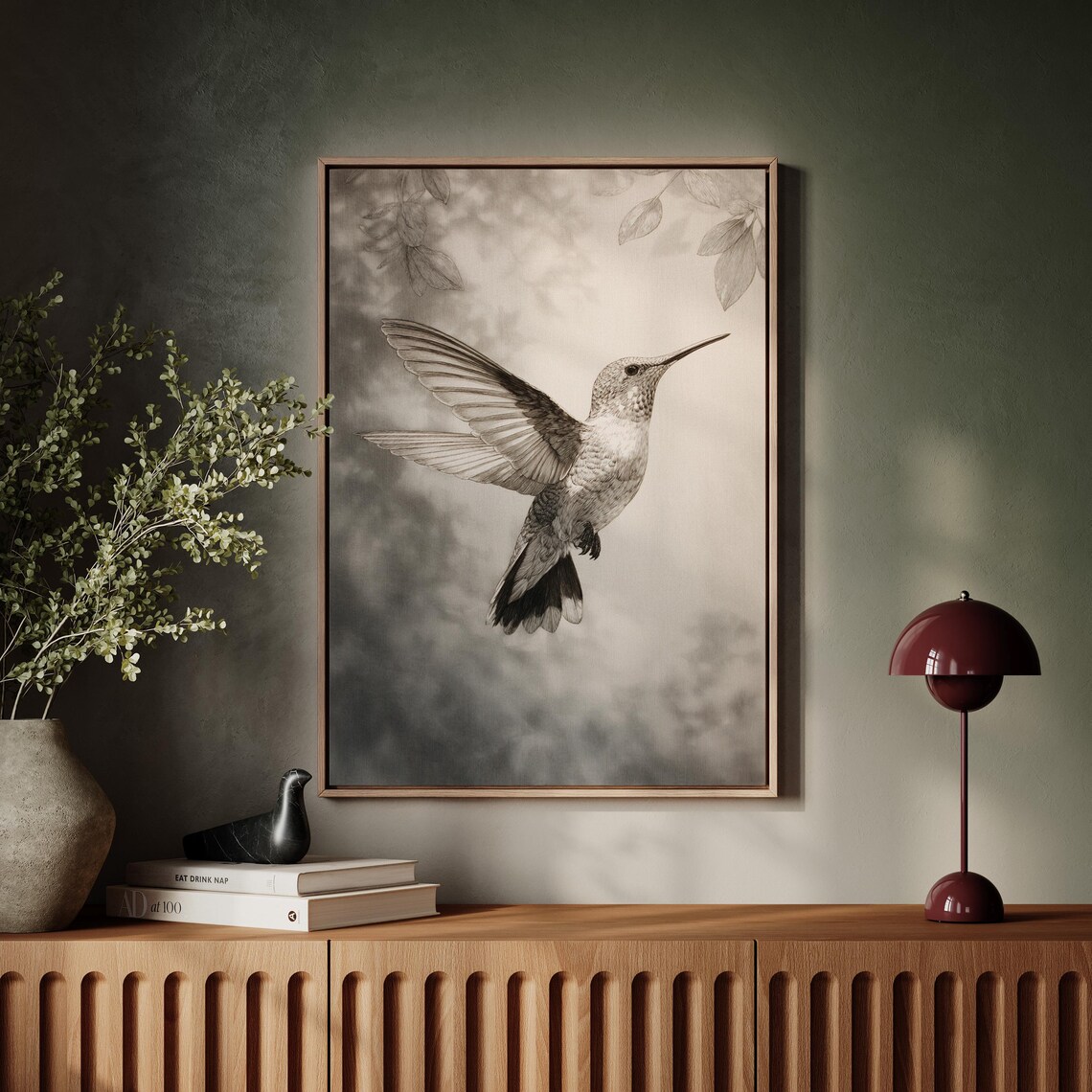 Hummingbird In Flight Sepia Sketch Delicate Wings Botanical Art Poster
