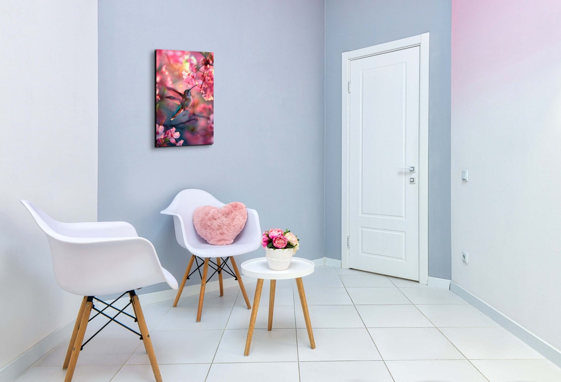 Colorful Hummingbird Hovering Among Pink Cherry Blossoms Poster - Image 5