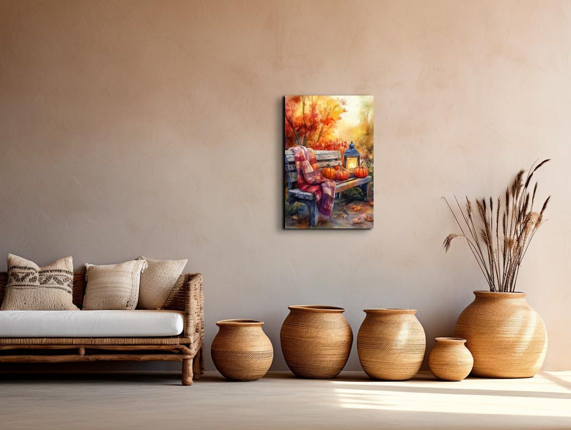 Watercolor Autumn Bench With Pumpkins Lantern and Plaid Blanket Poster - Image 6
