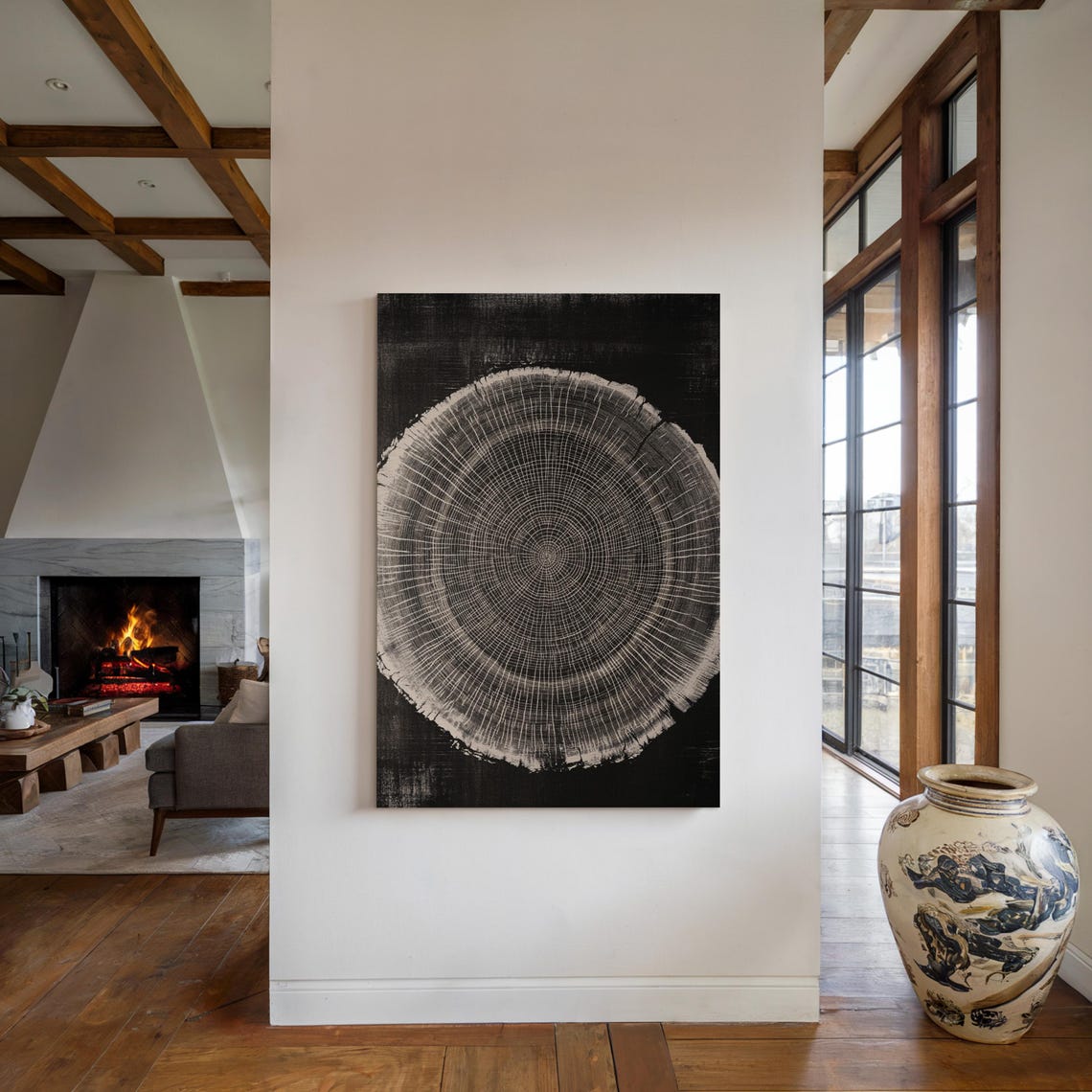 Mesmerizing Woodgrain Ring Art Black And Beige Tree Ring Pattern Organic Texture Wall Print For Modern Nature Inspired Decor - Image 4