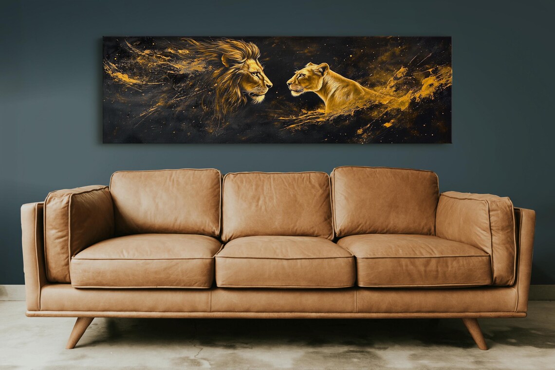 Lion And Lioness Golden Splashes On Black Majestic Wildlife Poster - Image 2