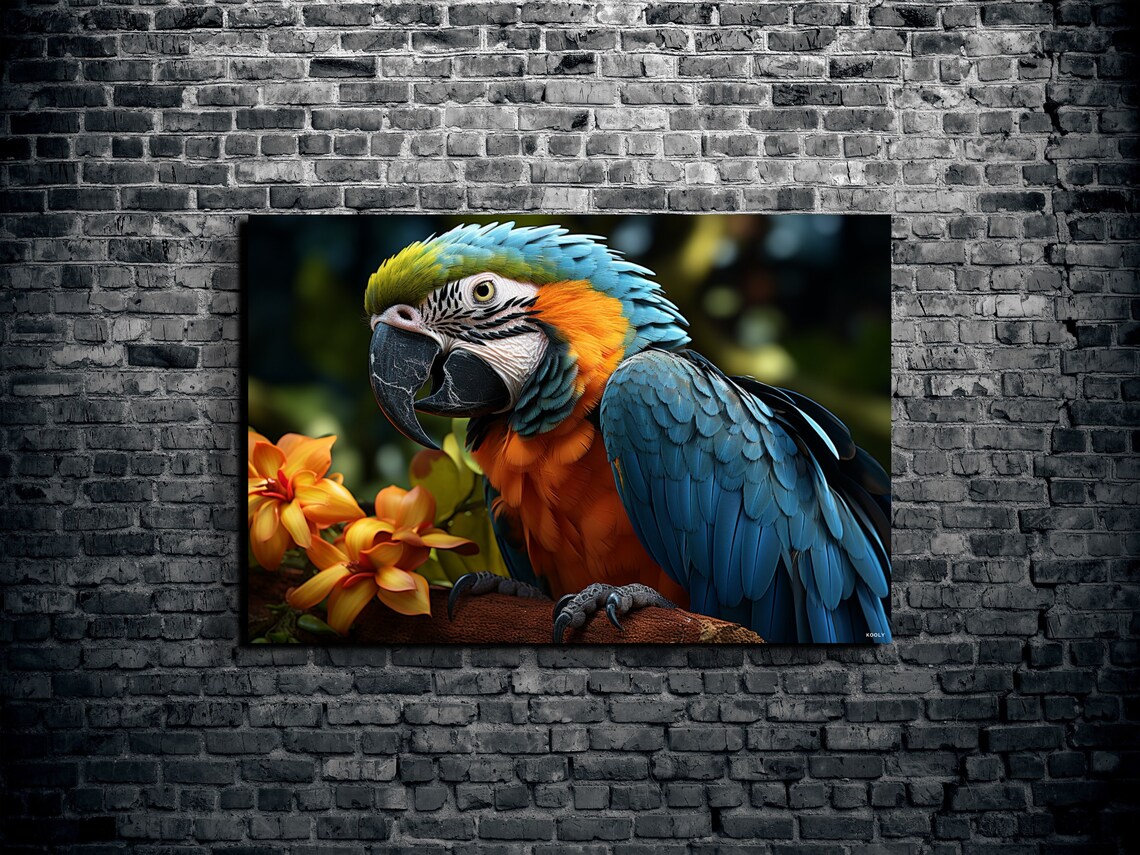 Blue Macaw Parrot Portrait Orange Blossoms Tropical Bird Poster