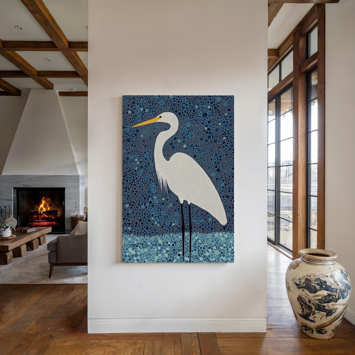 White Egret on Blue Pointillist Dots Coastal Bird Art Poster - Image 4