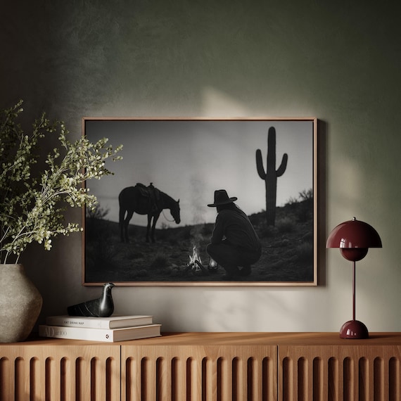 Cowboy Campfire At Dusk Horse Silhouette Saguaro Desert Night Poster