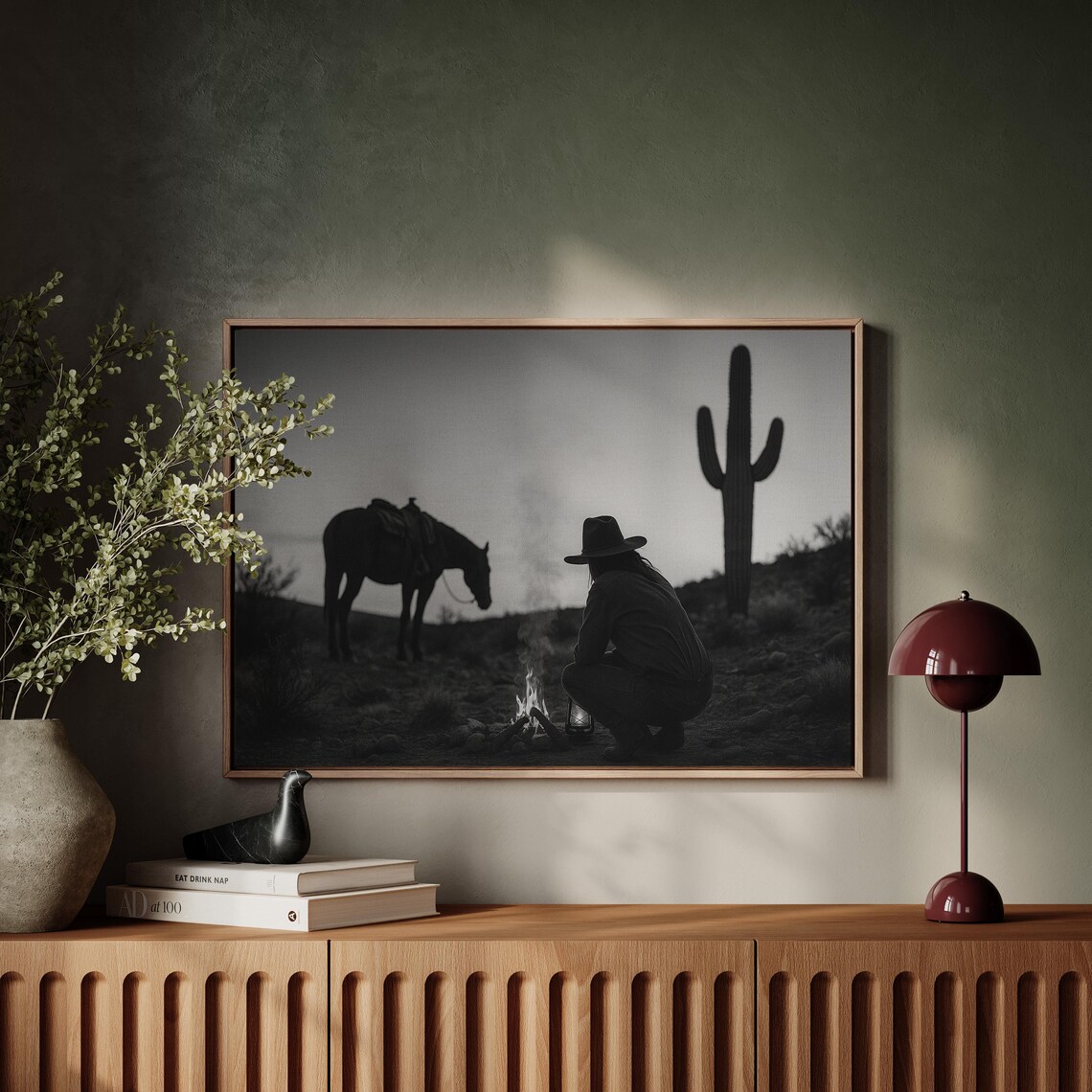 Cowboy Campfire At Dusk Horse Silhouette Saguaro Desert Night Poster