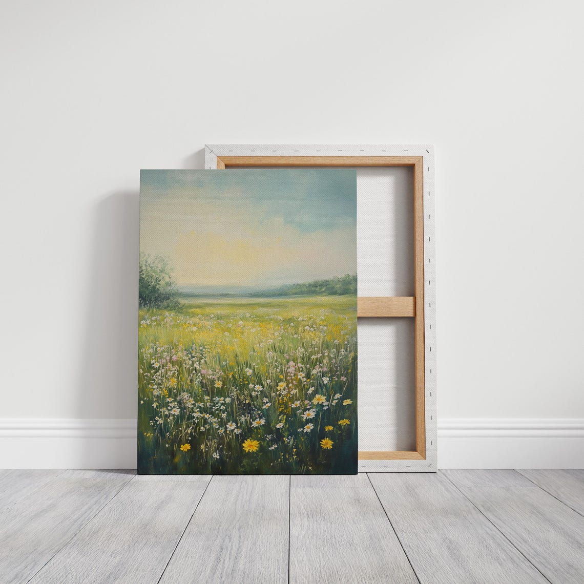 Wildflower Meadow With Daisies Pastel Spring Landscape Art Print - Image 3