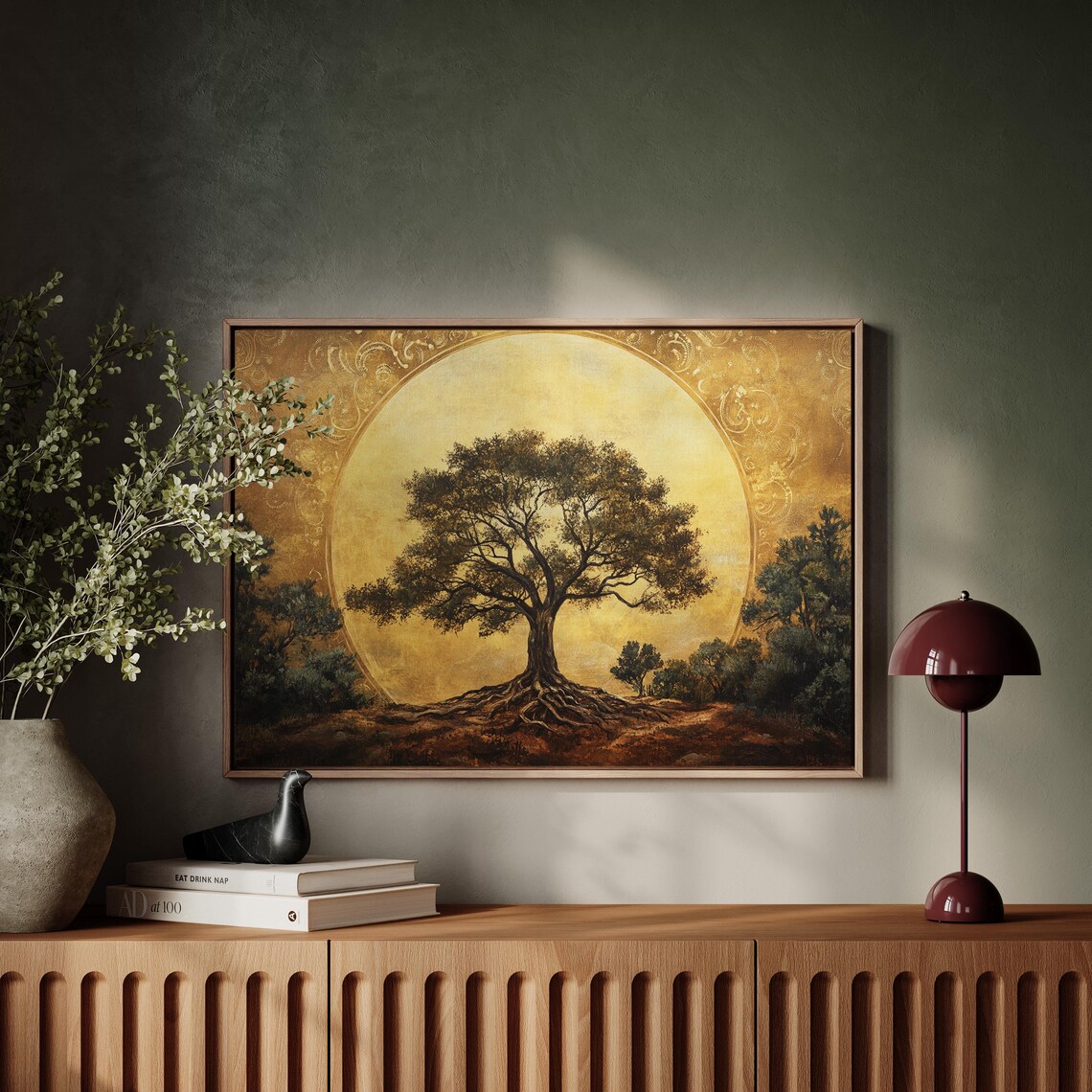 Tree Of Life Silhouette Against Giant Golden Sun Disk Poster - Image 6
