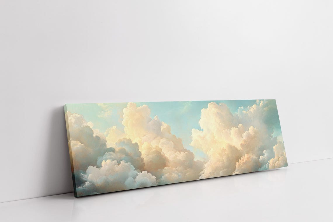 Panoramic Cloudscape Dreamy Sky Wall Art Serene Sunset Clouds Vintage Oil Painting Ethereal Nature Decor - Image 2