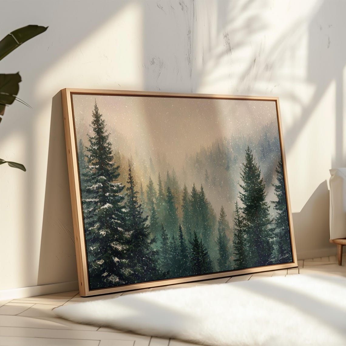 Snowy Pine Forest Winter Evergreen Falling Snow Mountain Wall Art