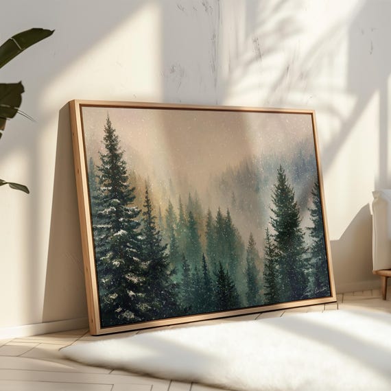 Snowy Pine Forest Canvas Wall Art Winter Mountain Landscape Painting Serene Evergreen Trees In Falling Snow Rustic Lodge Cabin Decor