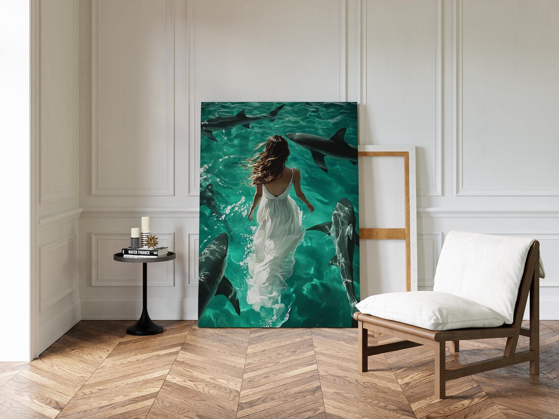 Woman in White Dress with Sharks Ethereal Ocean Surreal Art Poster - Image 2