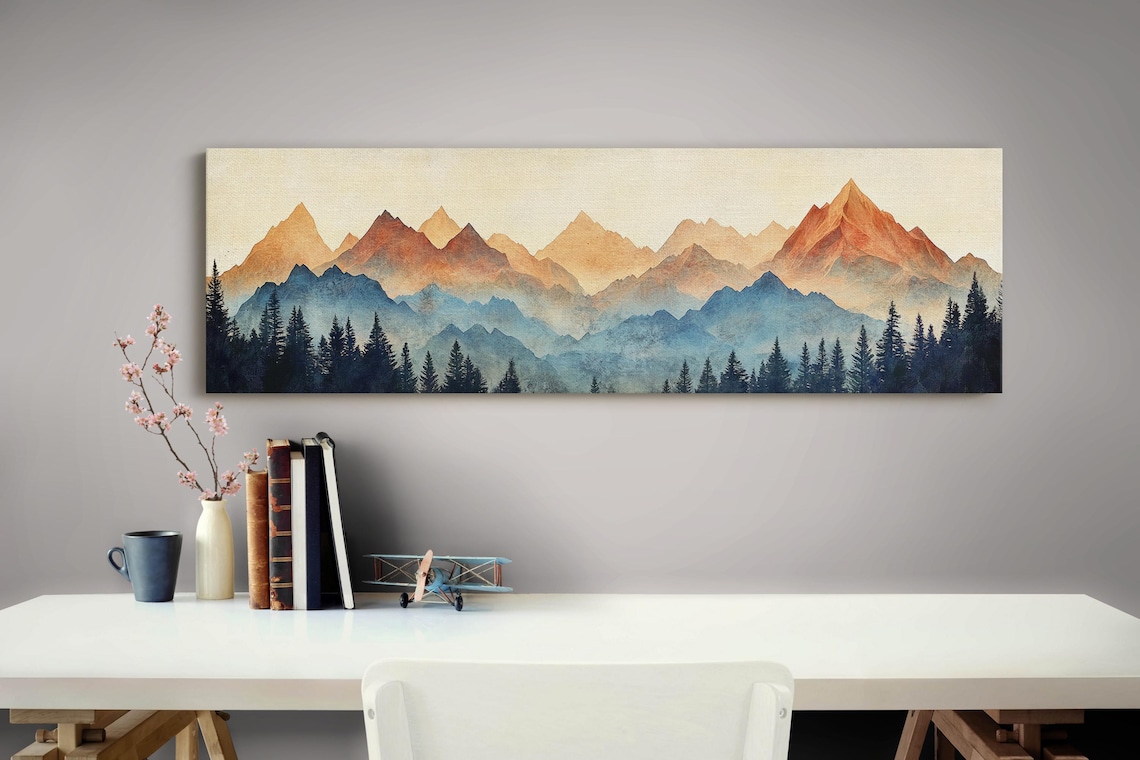 Layered Mountain Ranges Warm Sunset Watercolor Forest Pines Poster - Image 4