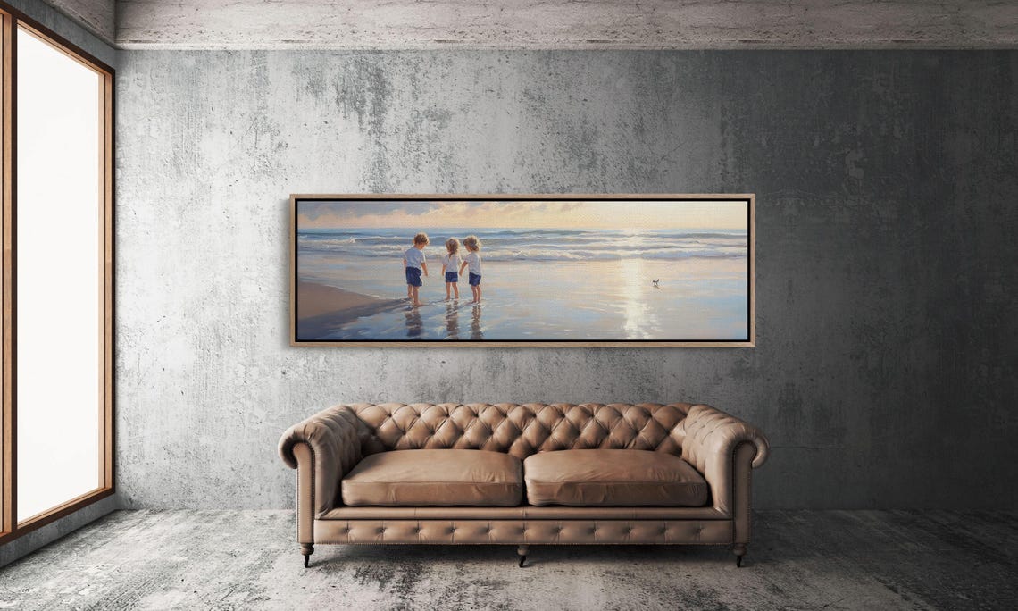 Children Playing At Sunset Beach Shore Golden Reflection Art Poster - Image 4