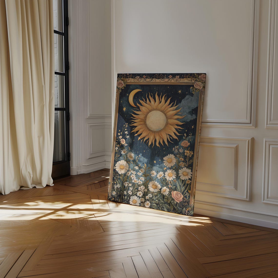 Vintage Sun And Moon Floral With Daisies And Roses Night Poster - Image 4