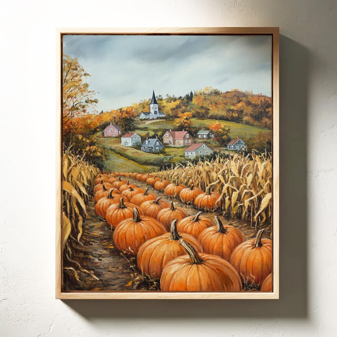 Rustic Pumpkin Patch Rows Beneath Village Church Hill Fall Landscape Poster - Image 2