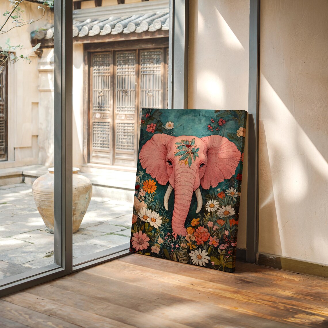Pink Elephant In Wildflower Garden Whimsical Floral Art Poster - Image 4